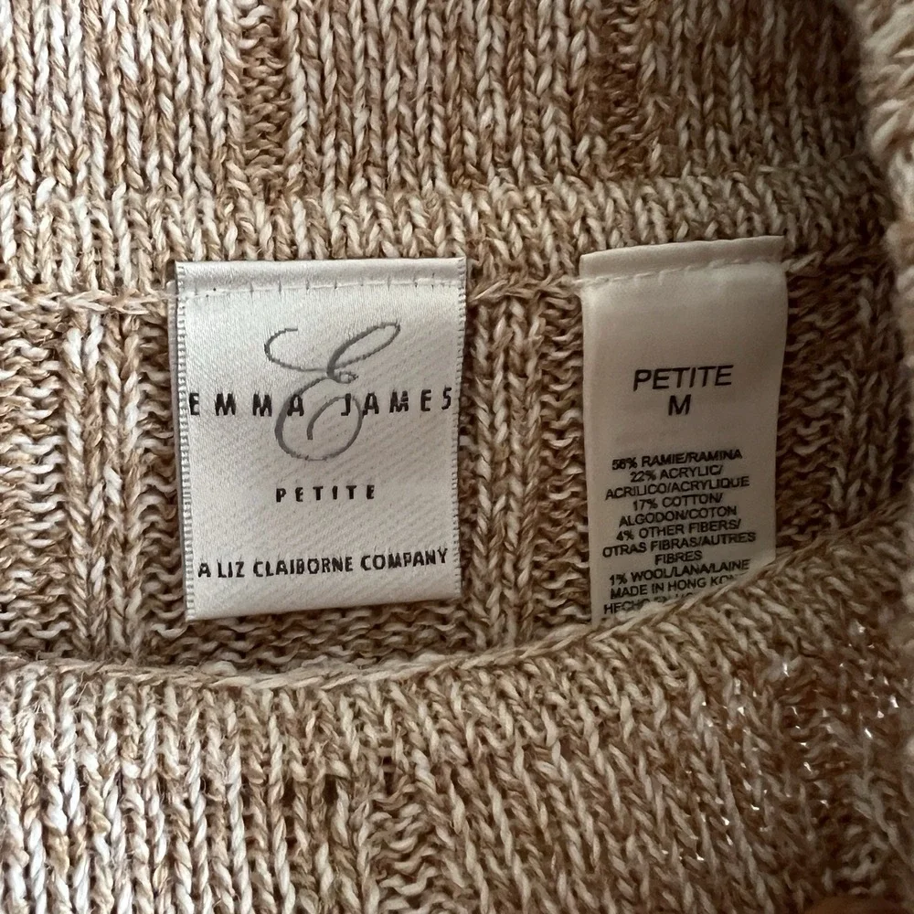 Vintage 90s  Fall Patchwork Knit Sweater Beige brown neutrals Medium turtleneck - Picture 7 of 8